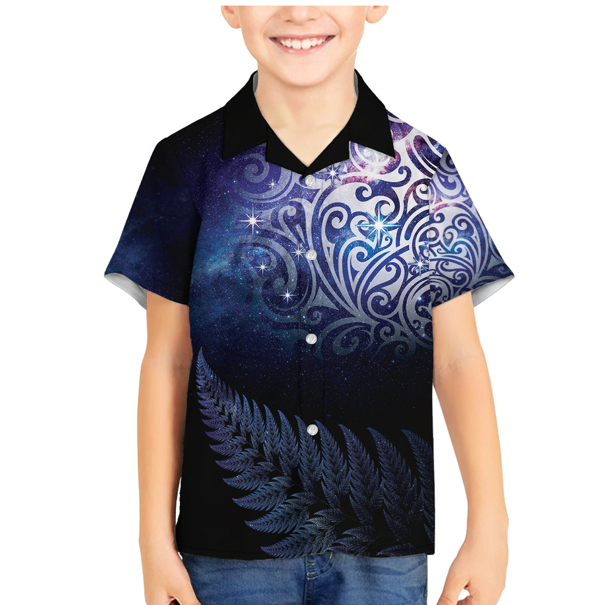 New Zealand Aotearoa Matariki Family Matching Mermaid Dress and Hawaiian Shirt Starry Silver Fern LT7 Son's Shirt Galaxy - Polynesian Pride