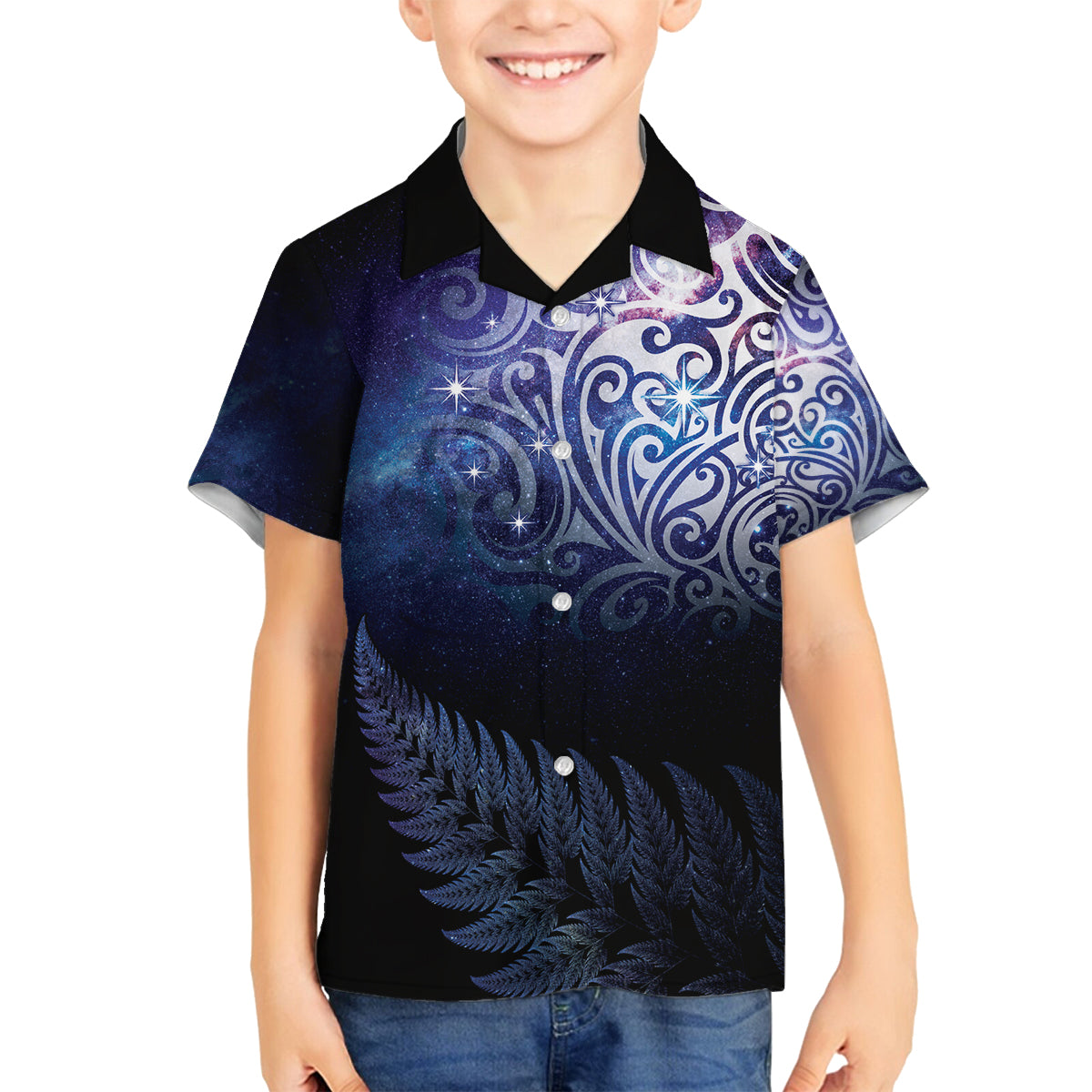 New Zealand Aotearoa Matariki Family Matching Off Shoulder Short Dress and Hawaiian Shirt Starry Silver Fern LT7 Son's Shirt Galaxy - Polynesian Pride