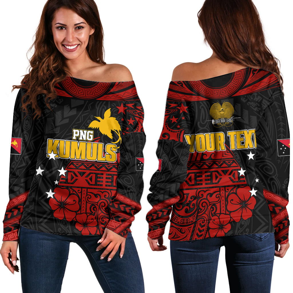 Personalised PNG Kumuls Rugby Off Shoulder Sweater Motuan Mix Patterns LT7 Women Black - Polynesian Pride