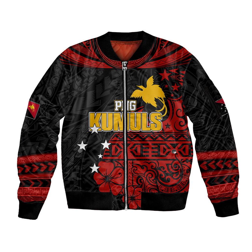 Personalised PNG Kumuls Rugby Sleeve Zip Bomber Jacket Motuan Mix Patterns LT7 Unisex Black - Polynesian Pride