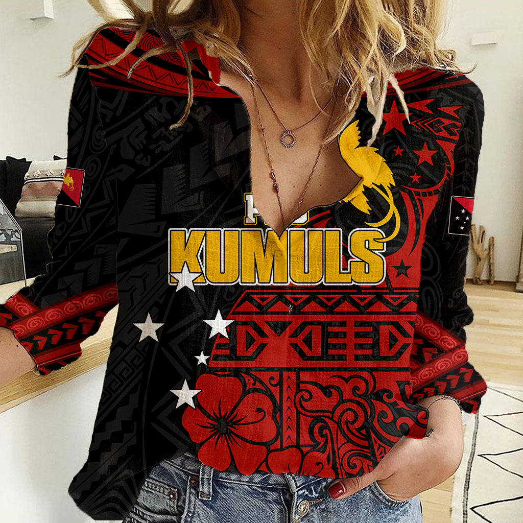 Personalised PNG Kumuls Rugby Women Casual Shirt Motuan Mix Patterns LT7 Female Black - Polynesian Pride