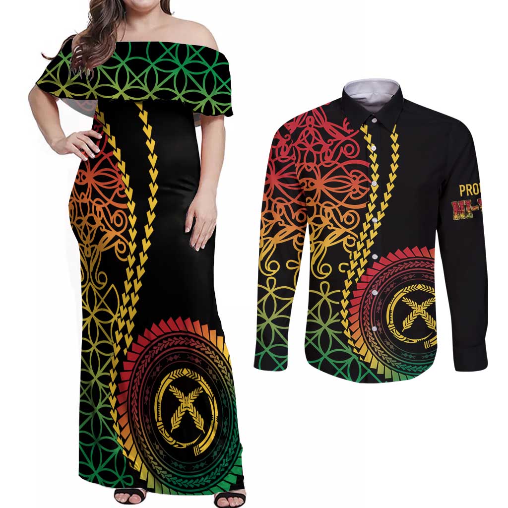 Proudly Ni-Van Sandroing Inspired Classic Style Couples Matching Off Shoulder Maxi Dress and Long Sleeve Button Shirt LT7 Colorful - Polynesian Pride