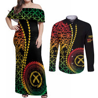 Proudly Ni-Van Sandroing Inspired Classic Style Couples Matching Off Shoulder Maxi Dress and Long Sleeve Button Shirt LT7 Colorful - Polynesian Pride