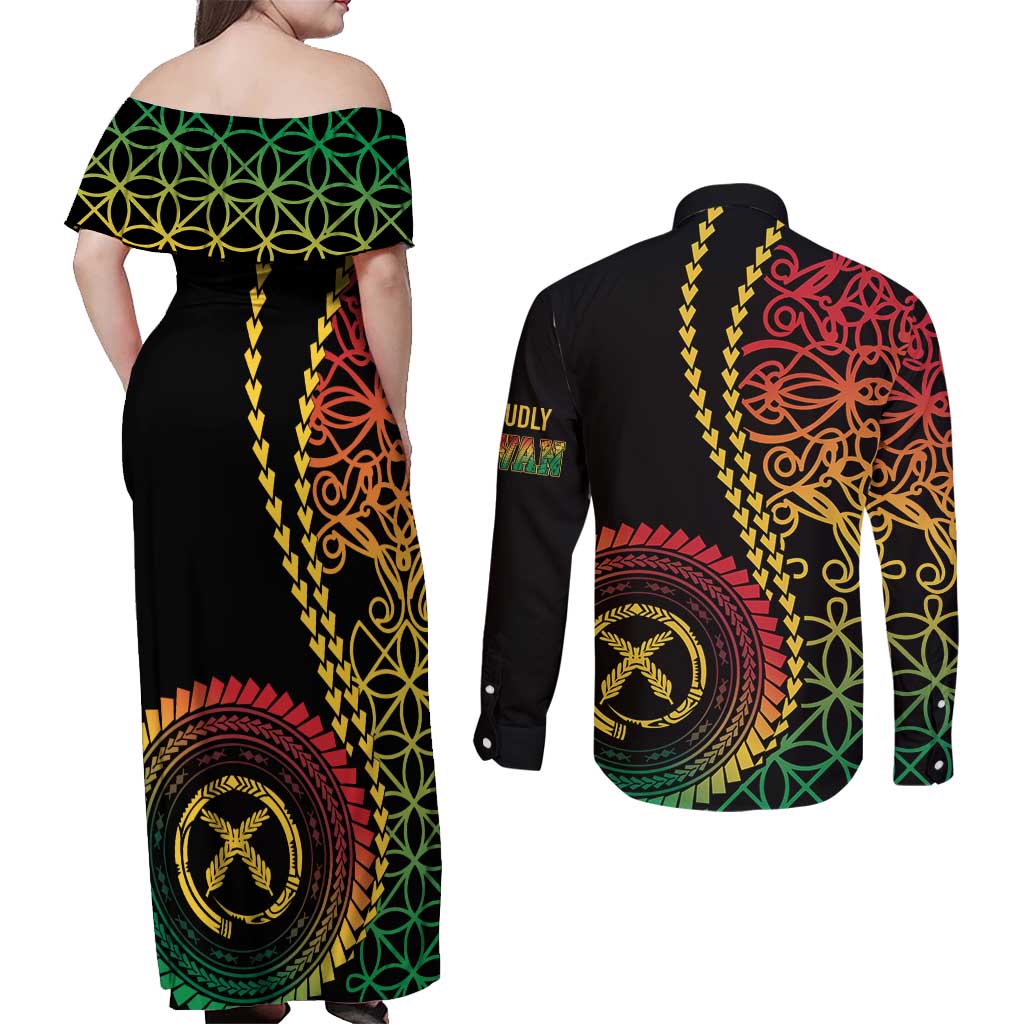 Proudly Ni-Van Sandroing Inspired Classic Style Couples Matching Off Shoulder Maxi Dress and Long Sleeve Button Shirt LT7 - Polynesian Pride
