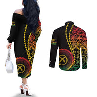 Proudly Ni-Van Sandroing Inspired Classic Style Couples Matching Off The Shoulder Long Sleeve Dress and Long Sleeve Button Shirt LT7 - Polynesian Pride