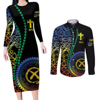 Proudly Ni-Van Sandroing Inspired Couples Matching Long Sleeve Bodycon Dress and Long Sleeve Button Shirt Tafea Classic Style LT7 Colorful - Polynesian Pride