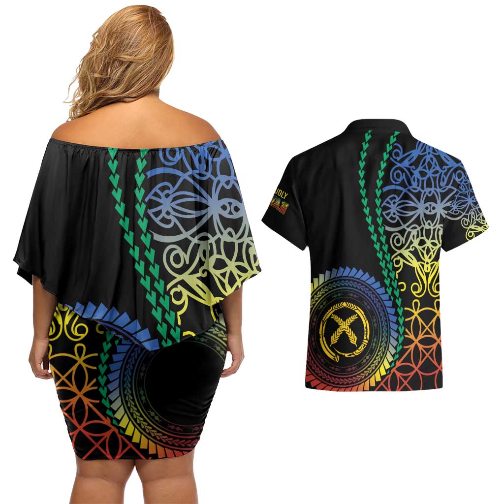 Proudly Ni-Van Sandroing Inspired Couples Matching Off Shoulder Short Dress and Hawaiian Shirt Tafea Classic Style