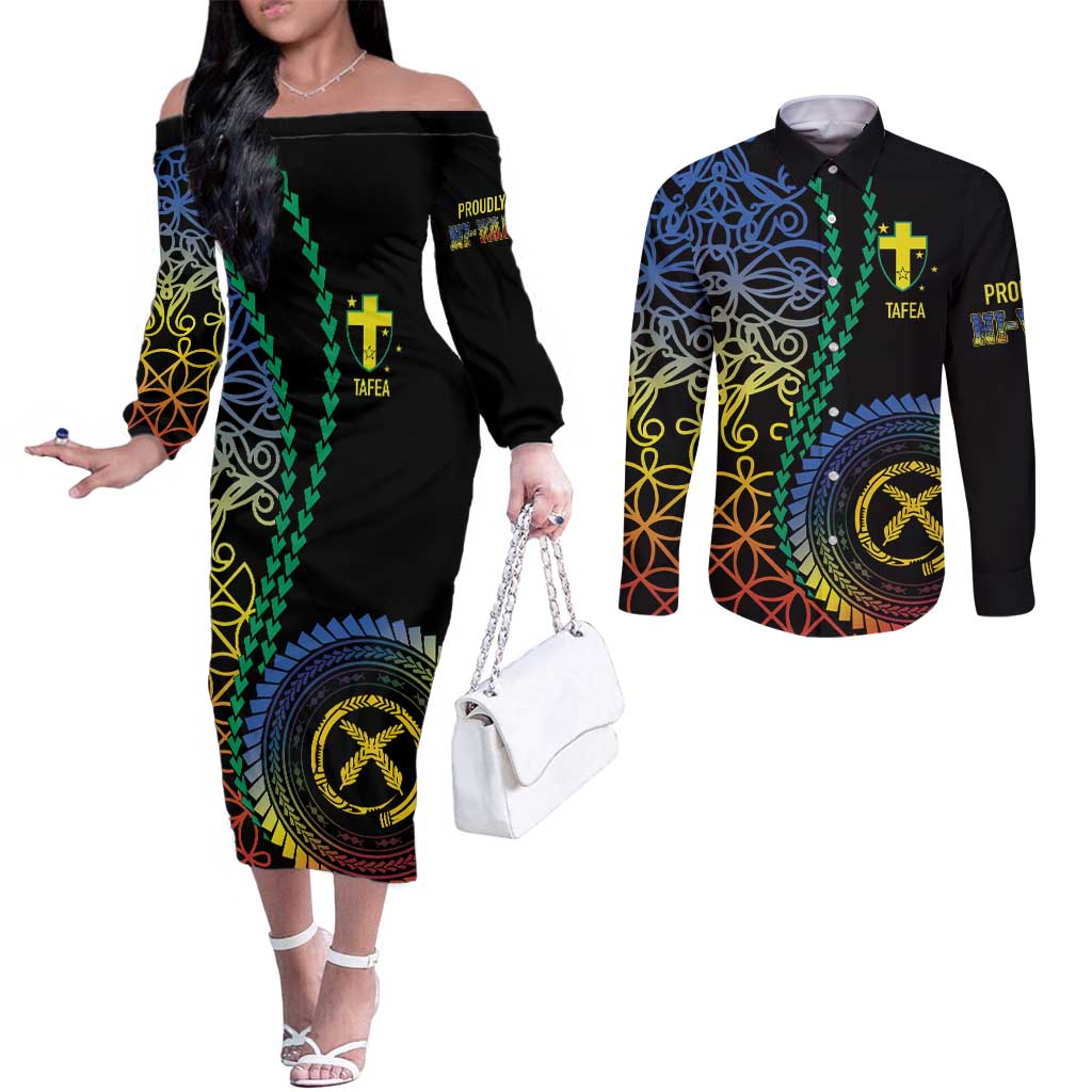 Proudly Ni-Van Sandroing Inspired Couples Matching Off The Shoulder Long Sleeve Dress and Long Sleeve Button Shirt Tafea Classic Style LT7 Colorful - Polynesian Pride