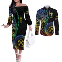 Proudly Ni-Van Sandroing Inspired Couples Matching Off The Shoulder Long Sleeve Dress and Long Sleeve Button Shirt Tafea Classic Style LT7 Colorful - Polynesian Pride