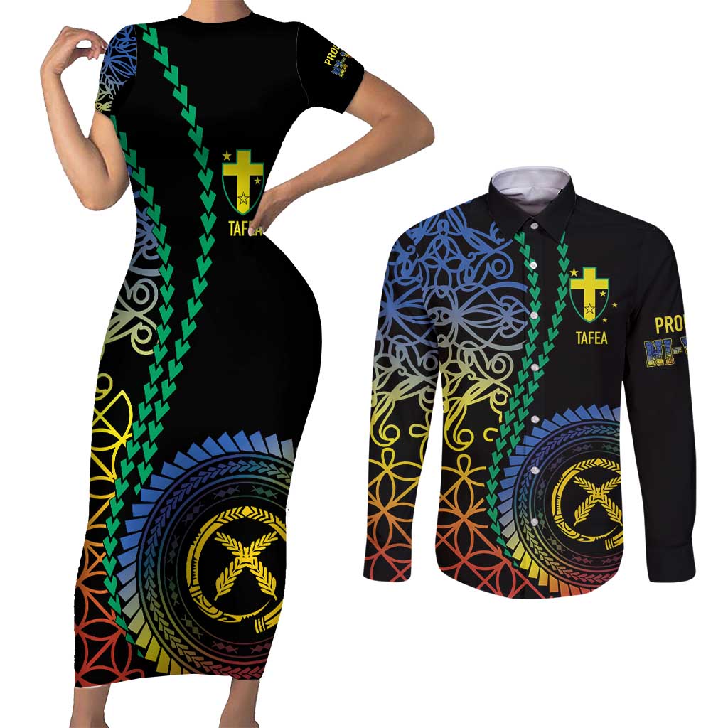 Proudly Ni-Van Sandroing Inspired Couples Matching Short Sleeve Bodycon Dress and Long Sleeve Button Shirt Tafea Classic Style LT7 Colorful - Polynesian Pride