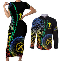 Proudly Ni-Van Sandroing Inspired Couples Matching Short Sleeve Bodycon Dress and Long Sleeve Button Shirt Tafea Classic Style LT7 Colorful - Polynesian Pride