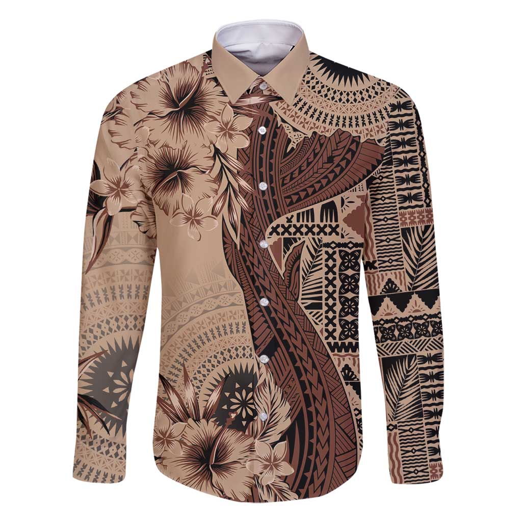 Bula Fiji Family Matching Long Sleeve Bodycon Dress and Hawaiian Shirt Shark Tail Beige Masi Tapa