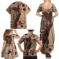 Bula Fiji Family Matching Summer Maxi Dress and Hawaiian Shirt Shark Tail Beige Masi Tapa