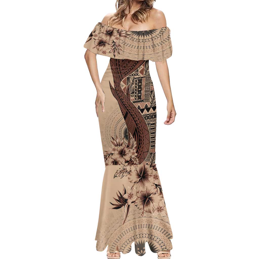 Bula Fiji Mermaid Dress Shark Tail Beige Masi Tapa
