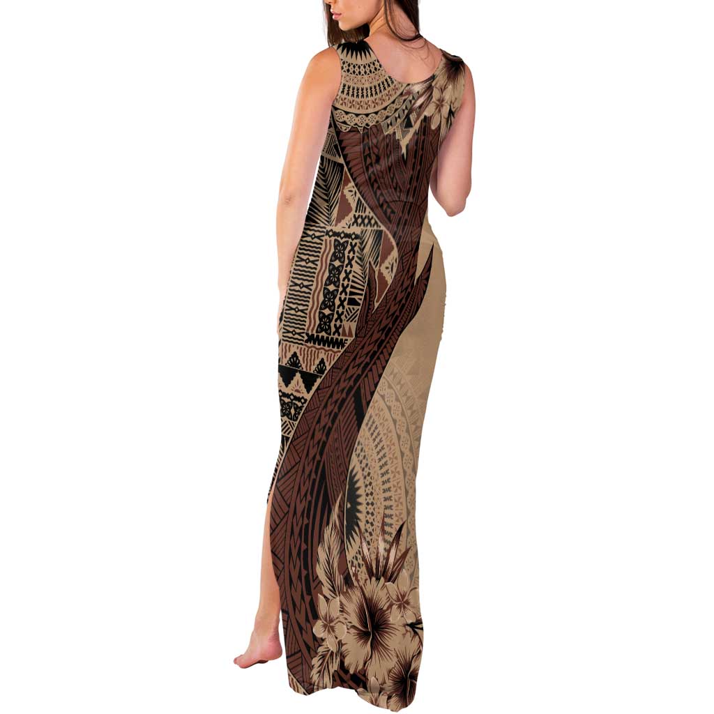 Bula Fiji Tank Maxi Dress Shark Tail Beige Masi Tapa