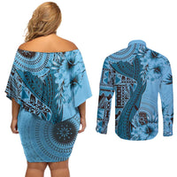 Bula Fiji Couples Matching Off Shoulder Short Dress and Long Sleeve Button Shirt Shark Tail Turquoise Masi Tapa