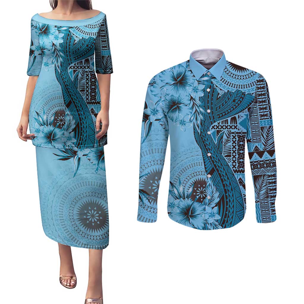 Bula Fiji Couples Matching Puletasi and Long Sleeve Button Shirt Shark Tail Turquoise Masi Tapa LT7 Turquoise - Polynesian Pride