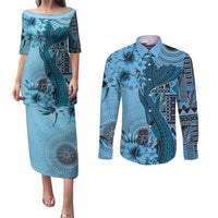 Bula Fiji Couples Matching Puletasi and Long Sleeve Button Shirt Shark Tail Turquoise Masi Tapa LT7 Turquoise - Polynesian Pride