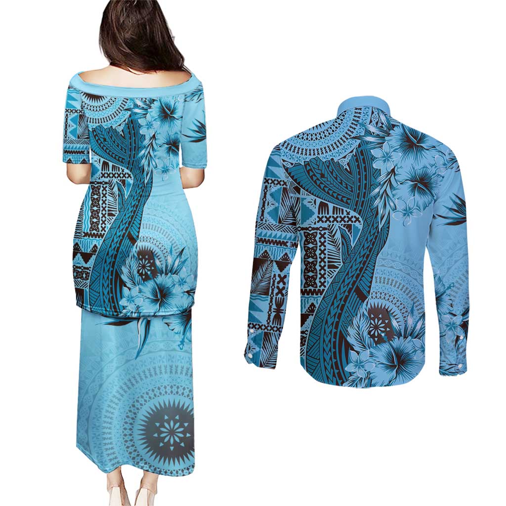 Bula Fiji Couples Matching Puletasi and Long Sleeve Button Shirt Shark Tail Turquoise Masi Tapa LT7 - Polynesian Pride