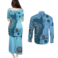 Bula Fiji Couples Matching Puletasi and Long Sleeve Button Shirt Shark Tail Turquoise Masi Tapa LT7 - Polynesian Pride