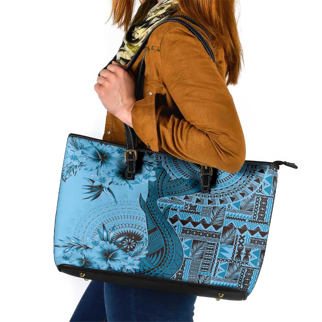 Bula Fiji Leather Tote Bag Shark Tail Turquoise Masi Tapa