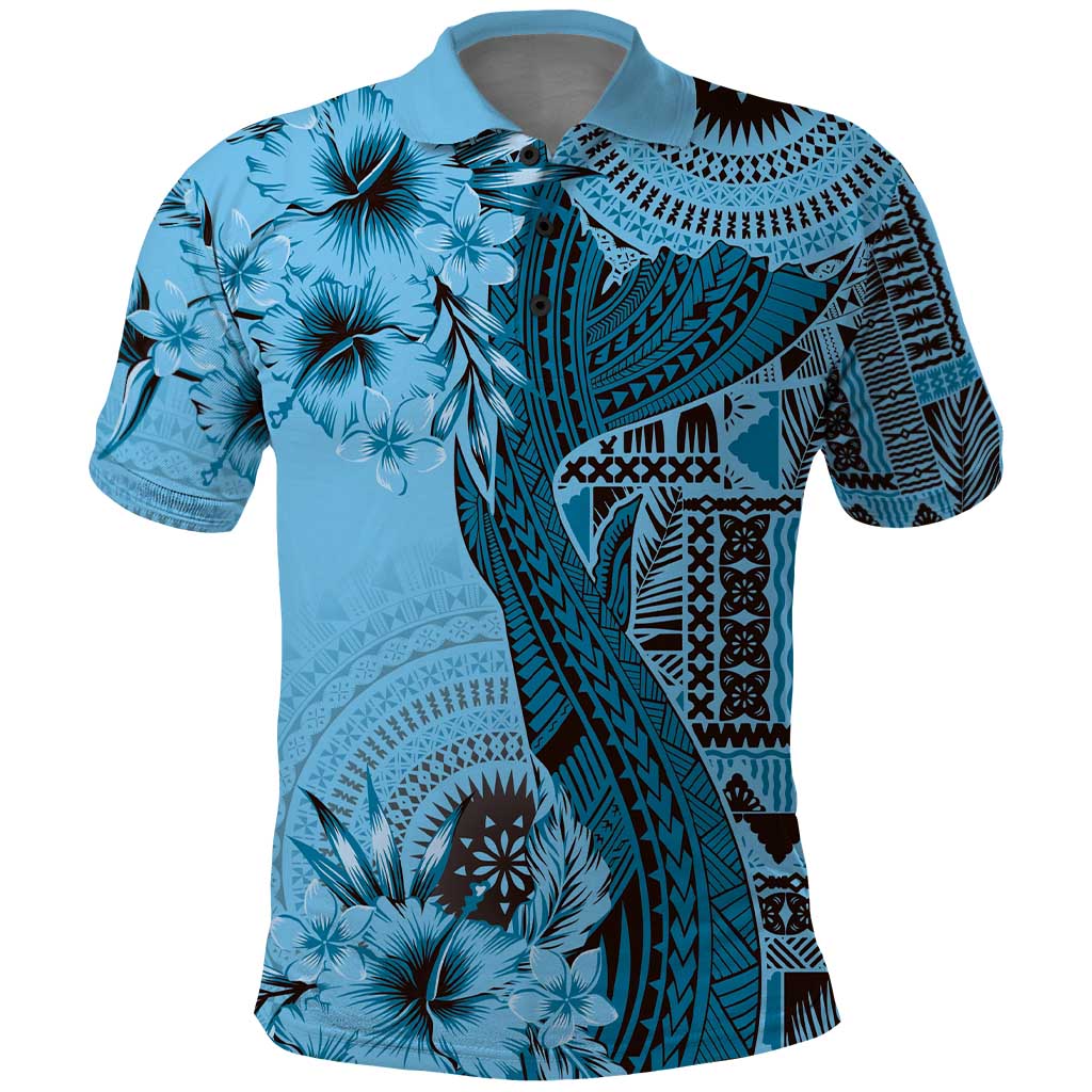 Bula Fiji Polo Shirt Shark Tail Turquoise Masi Tapa LT7 Turquoise - Polynesian Pride