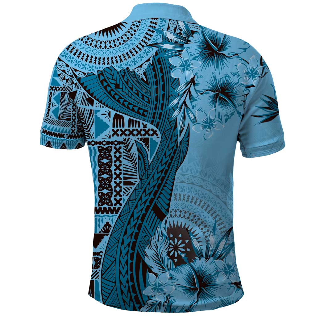 Bula Fiji Polo Shirt Shark Tail Turquoise Masi Tapa LT7 - Polynesian Pride