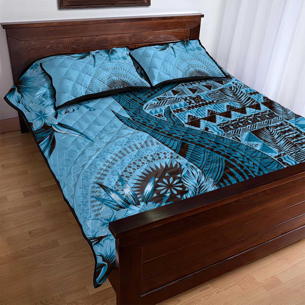 Bula Fiji Quilt Bed Set Shark Tail Turquoise Masi Tapa