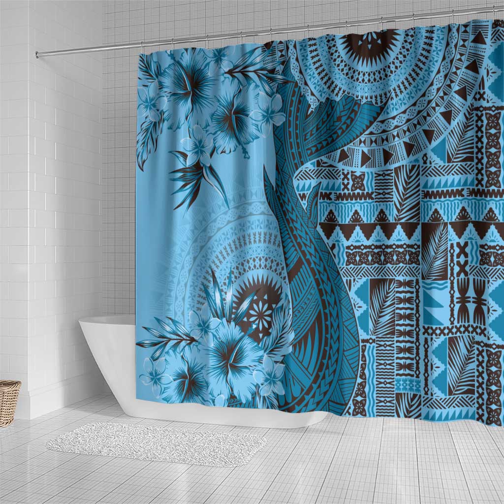 Bula Fiji Shower Curtain Shark Tail Turquoise Masi Tapa