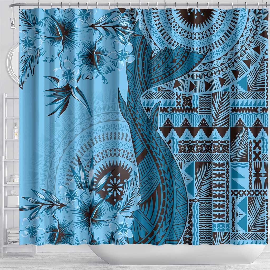 Bula Fiji Shower Curtain Shark Tail Turquoise Masi Tapa