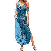 Bula Fiji Summer Maxi Dress Shark Tail Turquoise Masi Tapa
