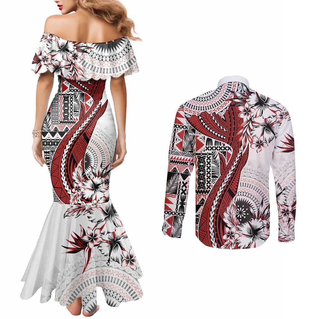 Bula Fiji Couples Matching Mermaid Dress and Long Sleeve Button Shirt Shark Tail White Masi Tapa