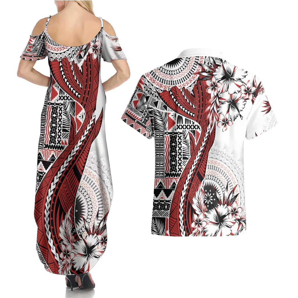 Bula Fiji Couples Matching Summer Maxi Dress and Hawaiian Shirt Shark Tail White Masi Tapa