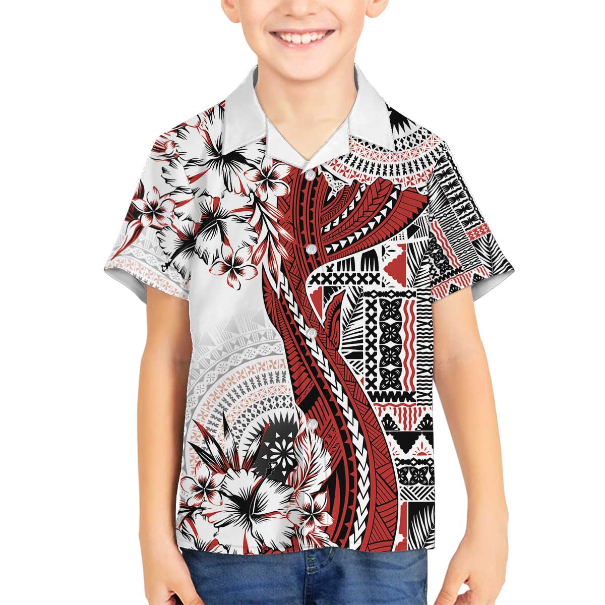 Bula Fiji Family Matching Off The Shoulder Long Sleeve Dress and Hawaiian Shirt Shark Tail White Masi Tapa