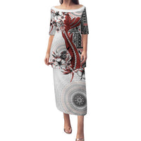 Bula Fiji Family Matching Puletasi and Hawaiian Shirt Shark Tail White Masi Tapa