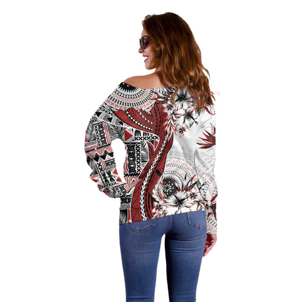 Bula Fiji Off Shoulder Sweater Shark Tail White Masi Tapa