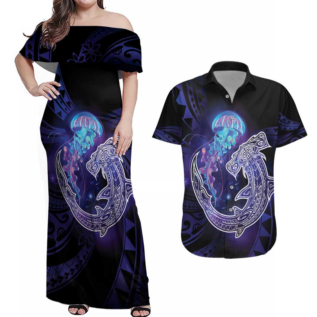 Polynesian Aumakua Couples Matching Off Shoulder Maxi Dress and Hawaiian Shirt Jellyfish with Shark LT7 Teal Purple - Polynesian Pride