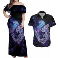 Polynesian Aumakua Couples Matching Off Shoulder Maxi Dress and Hawaiian Shirt Jellyfish with Shark LT7 Teal Purple - Polynesian Pride
