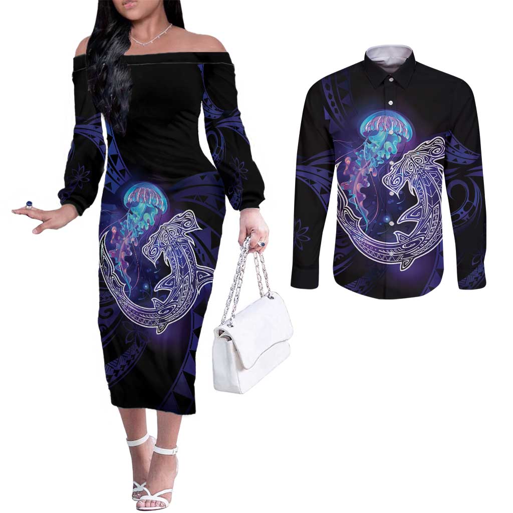 Polynesian Aumakua Couples Matching Off The Shoulder Long Sleeve Dress and Long Sleeve Button Shirt Jellyfish with Shark - Polynesian Pride