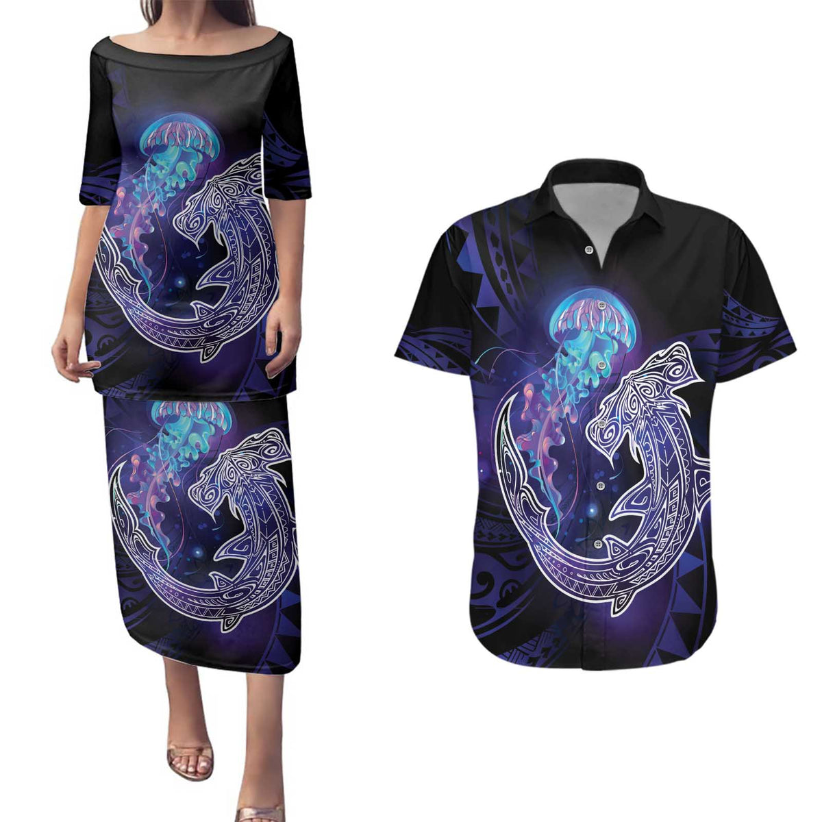 Polynesian Aumakua Couples Matching Puletasi and Hawaiian Shirt Jellyfish with Shark - Polynesian Pride