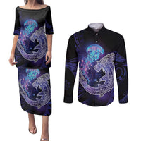 Polynesian Aumakua Couples Matching Puletasi and Long Sleeve Button Shirt Jellyfish with Shark - Polynesian Pride