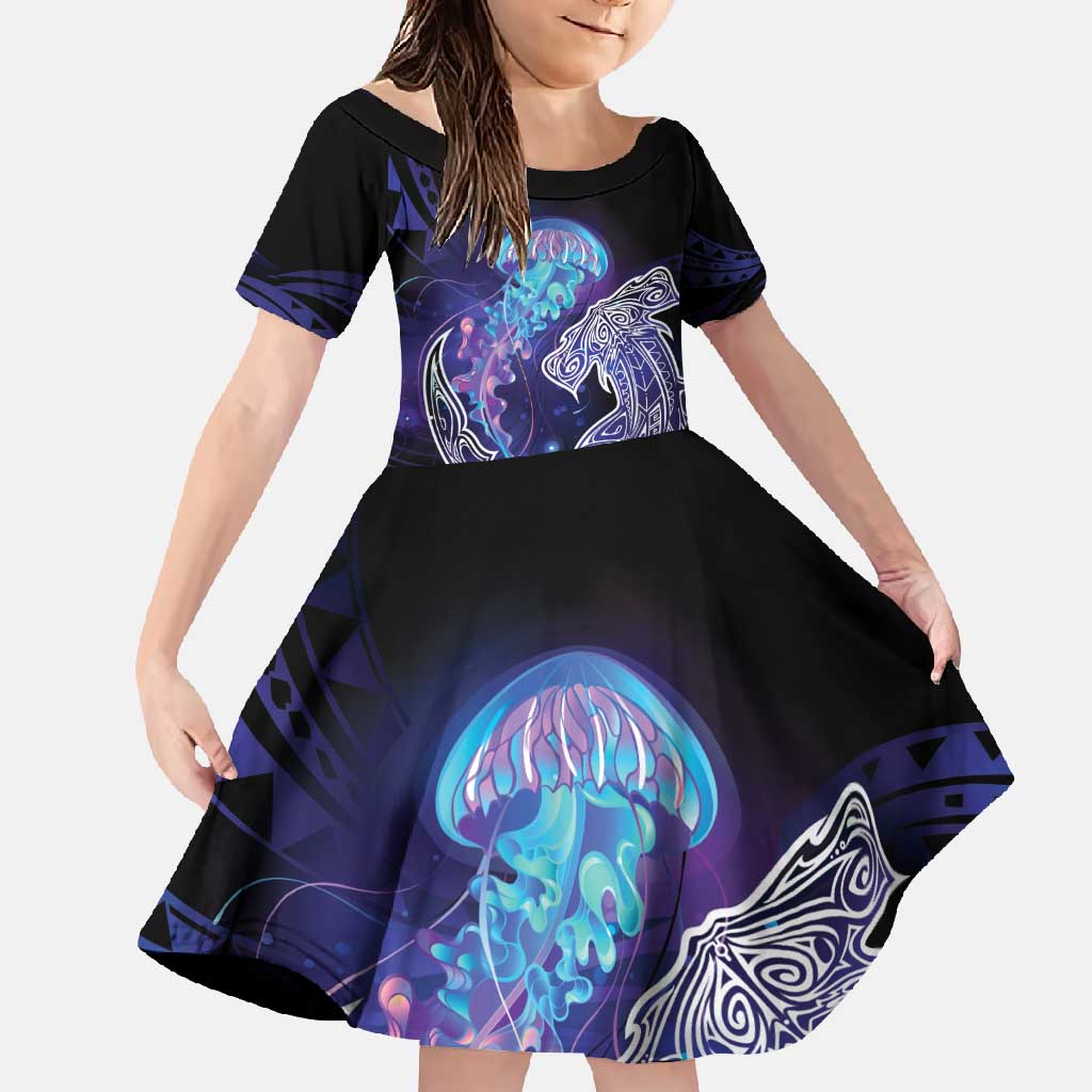 Polynesian Aumakua Family Matching Long Sleeve Bodycon Dress and Hawaiian Shirt Jellyfish with Shark - Polynesian Pride
