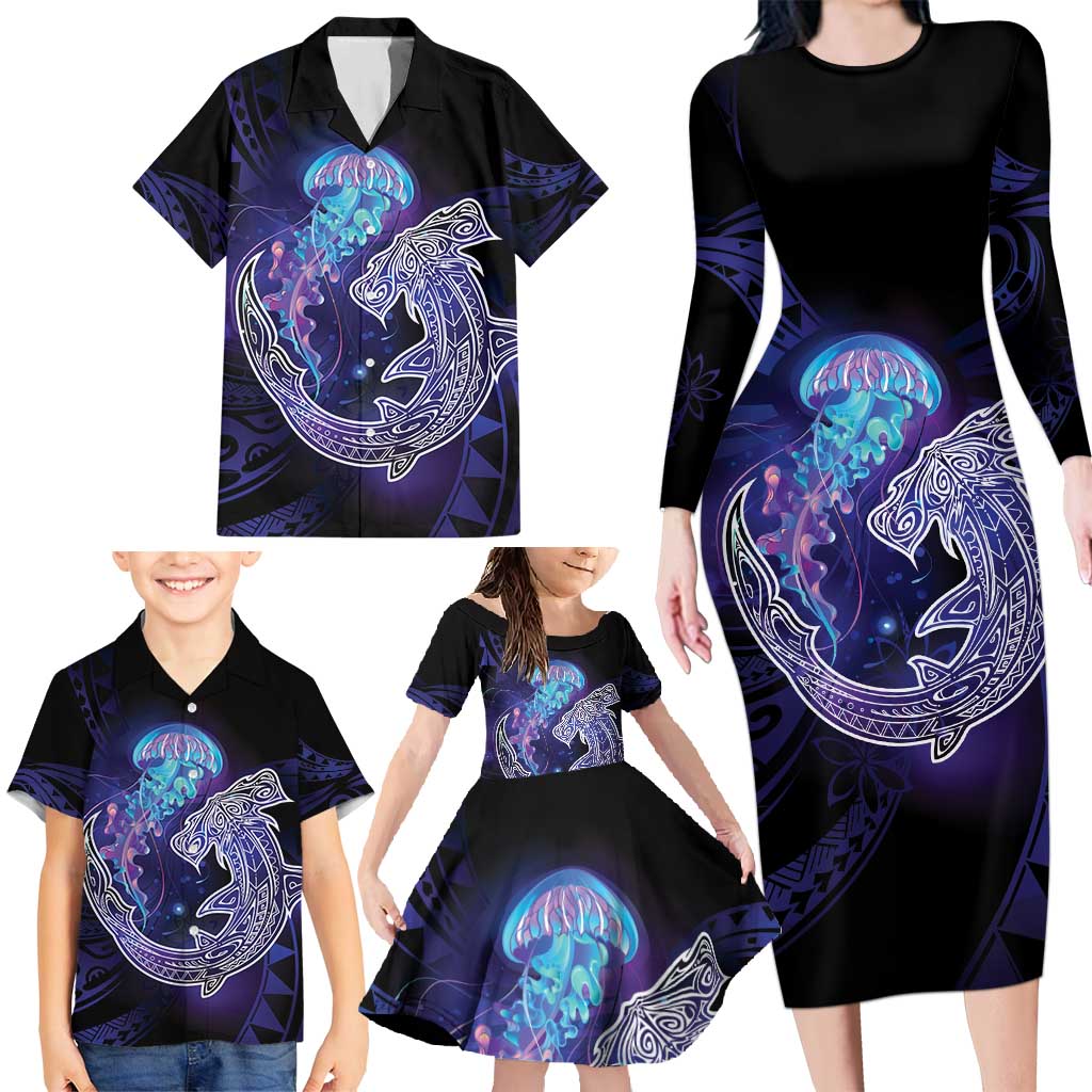 Polynesian Aumakua Family Matching Long Sleeve Bodycon Dress and Hawaiian Shirt Jellyfish with Shark - Polynesian Pride