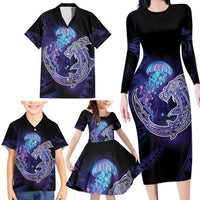Polynesian Aumakua Family Matching Long Sleeve Bodycon Dress and Hawaiian Shirt Jellyfish with Shark - Polynesian Pride