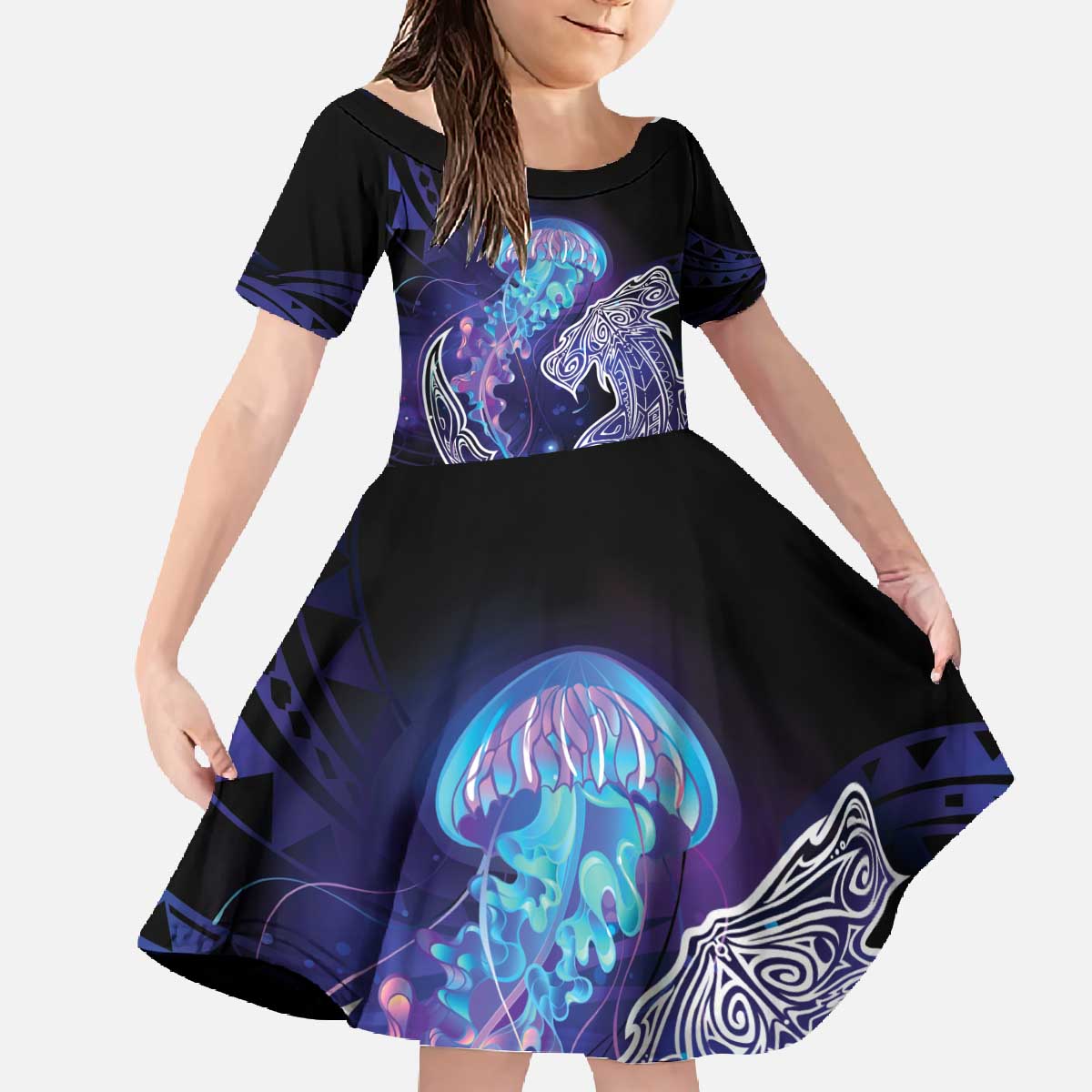 Polynesian Aumakua Family Matching Off The Shoulder Long Sleeve Dress and Hawaiian Shirt Jellyfish with Shark - Polynesian Pride