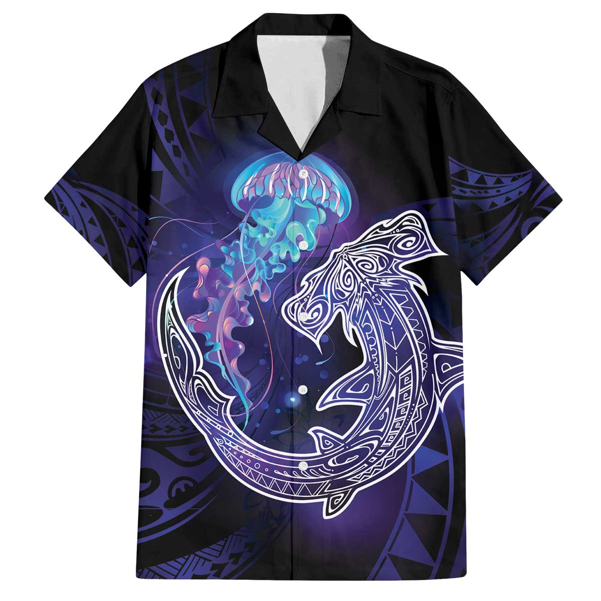 Polynesian Aumakua Family Matching Off The Shoulder Long Sleeve Dress and Hawaiian Shirt Jellyfish with Shark - Polynesian Pride