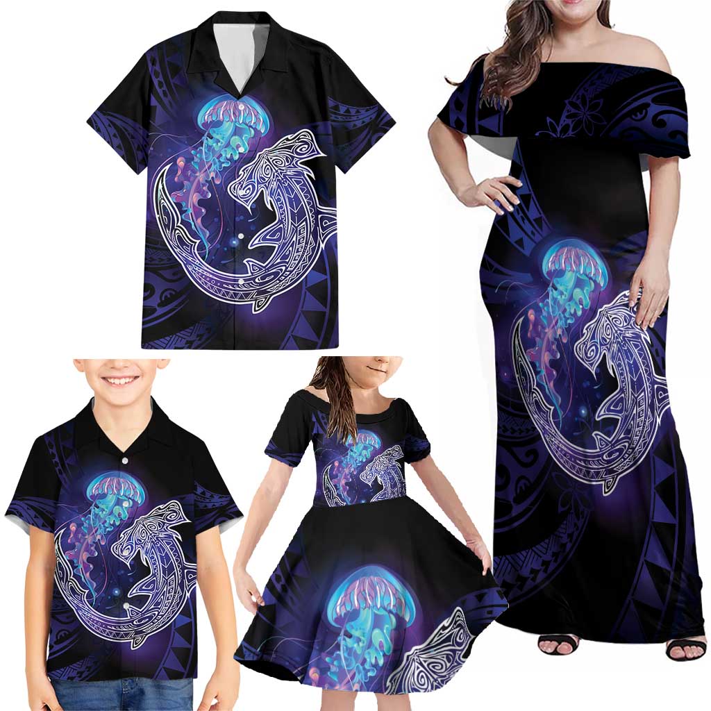 Polynesian Aumakua Family Matching Off Shoulder Maxi Dress and Hawaiian Shirt Jellyfish with Shark - Polynesian Pride