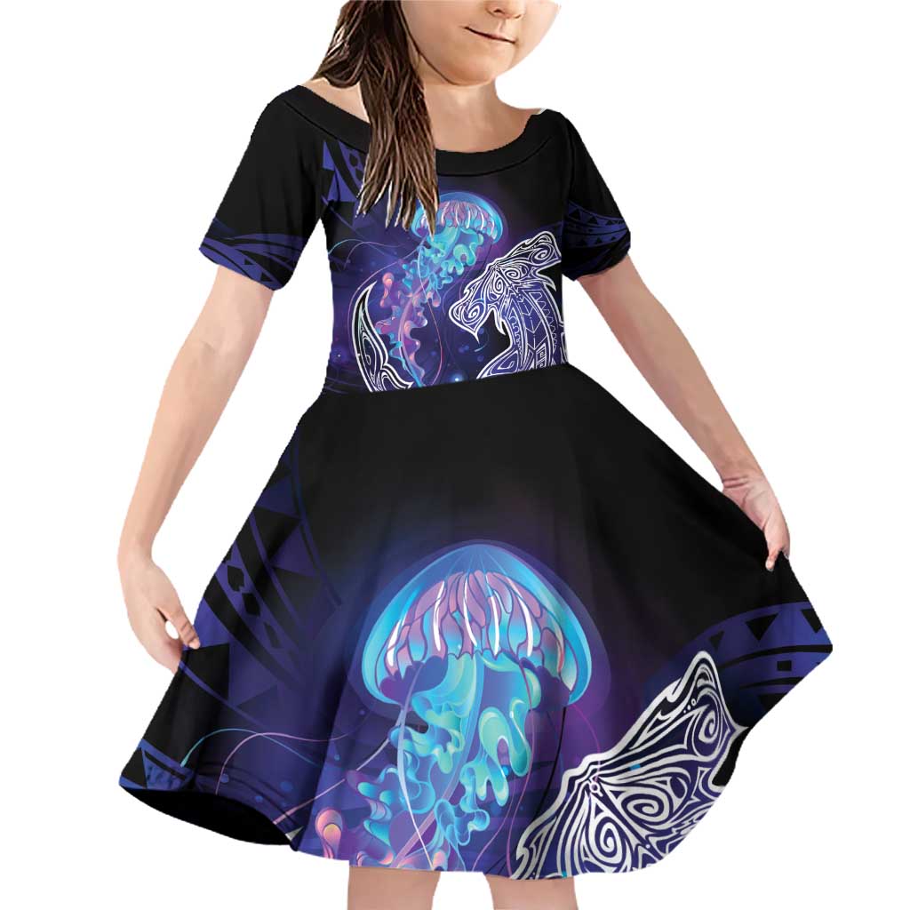 Polynesian Aumakua Family Matching Off Shoulder Short Dress and Hawaiian Shirt Jellyfish with Shark - Polynesian Pride
