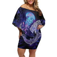 Polynesian Aumakua Family Matching Off Shoulder Short Dress and Hawaiian Shirt Jellyfish with Shark - Polynesian Pride