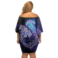 Polynesian Aumakua Family Matching Off Shoulder Short Dress and Hawaiian Shirt Jellyfish with Shark - Polynesian Pride